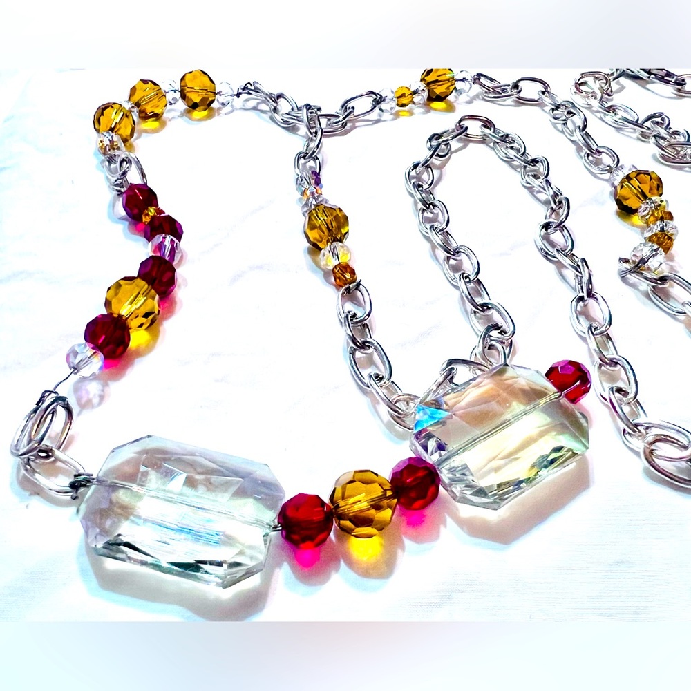 CRYSTALS - Aurora Borealis & colorful crystals on a silver chain, EUC